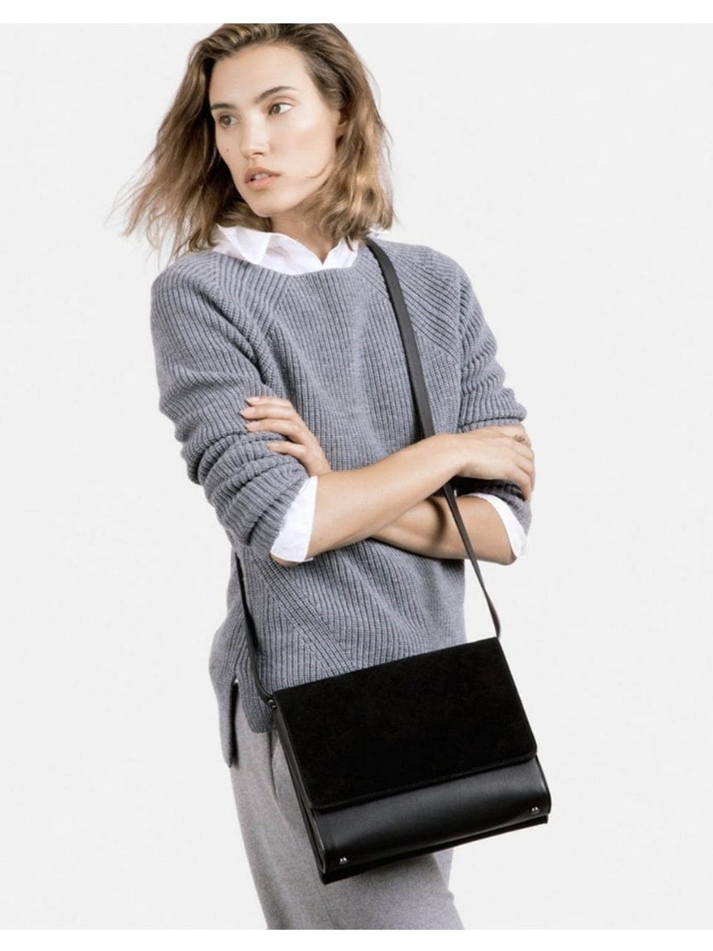 Everlane Petra Minimal Black Suede & Leather Crossbody Bag
